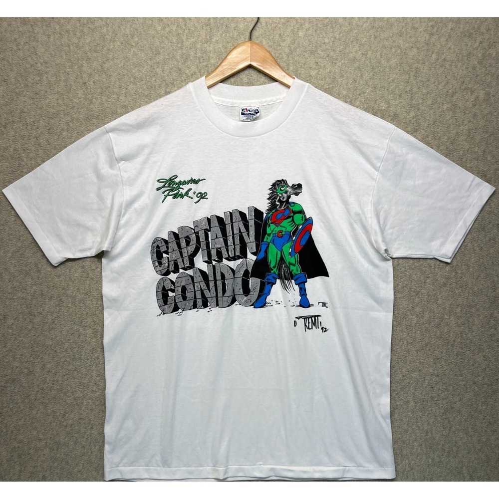Vintage Hanes Mens T-Shirt White 1992 Captain Condo Longacres Park Graphic XL